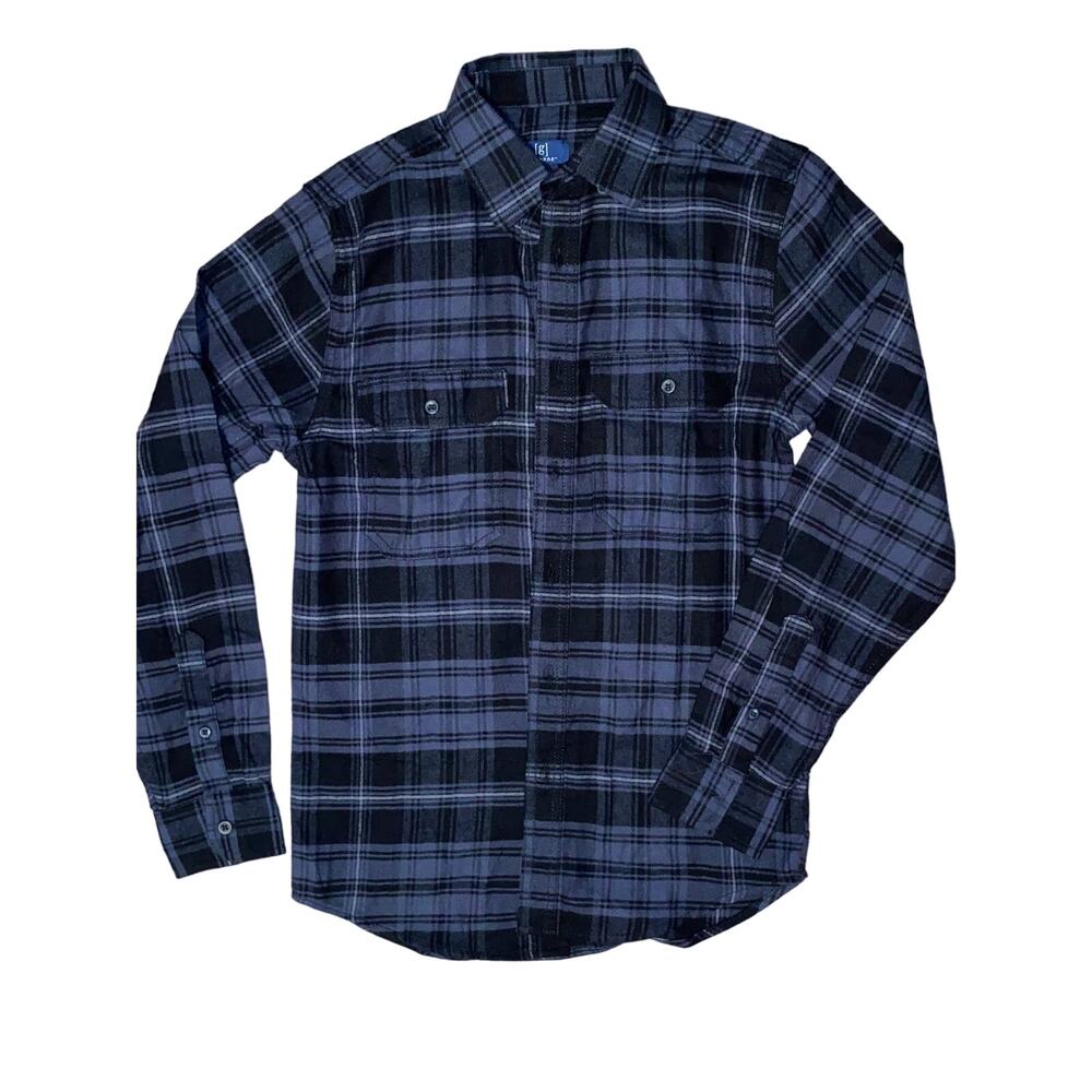 XS New Blue Black Gray Plaid Flannel Button Up Shirt Long Sleeve Fleece Cotton
